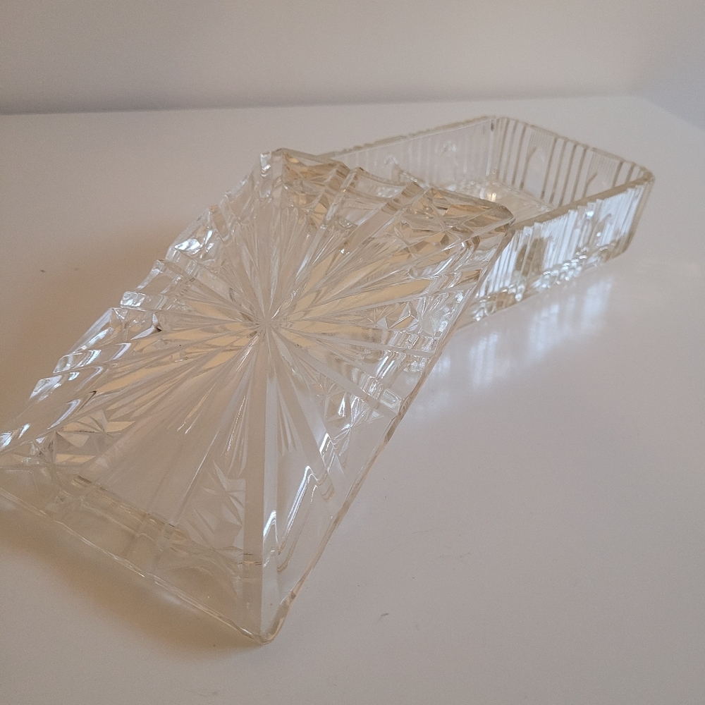 Vintage Clear Crystal Glass Divided Dish With Lid Catch-All Trinkets Serveware